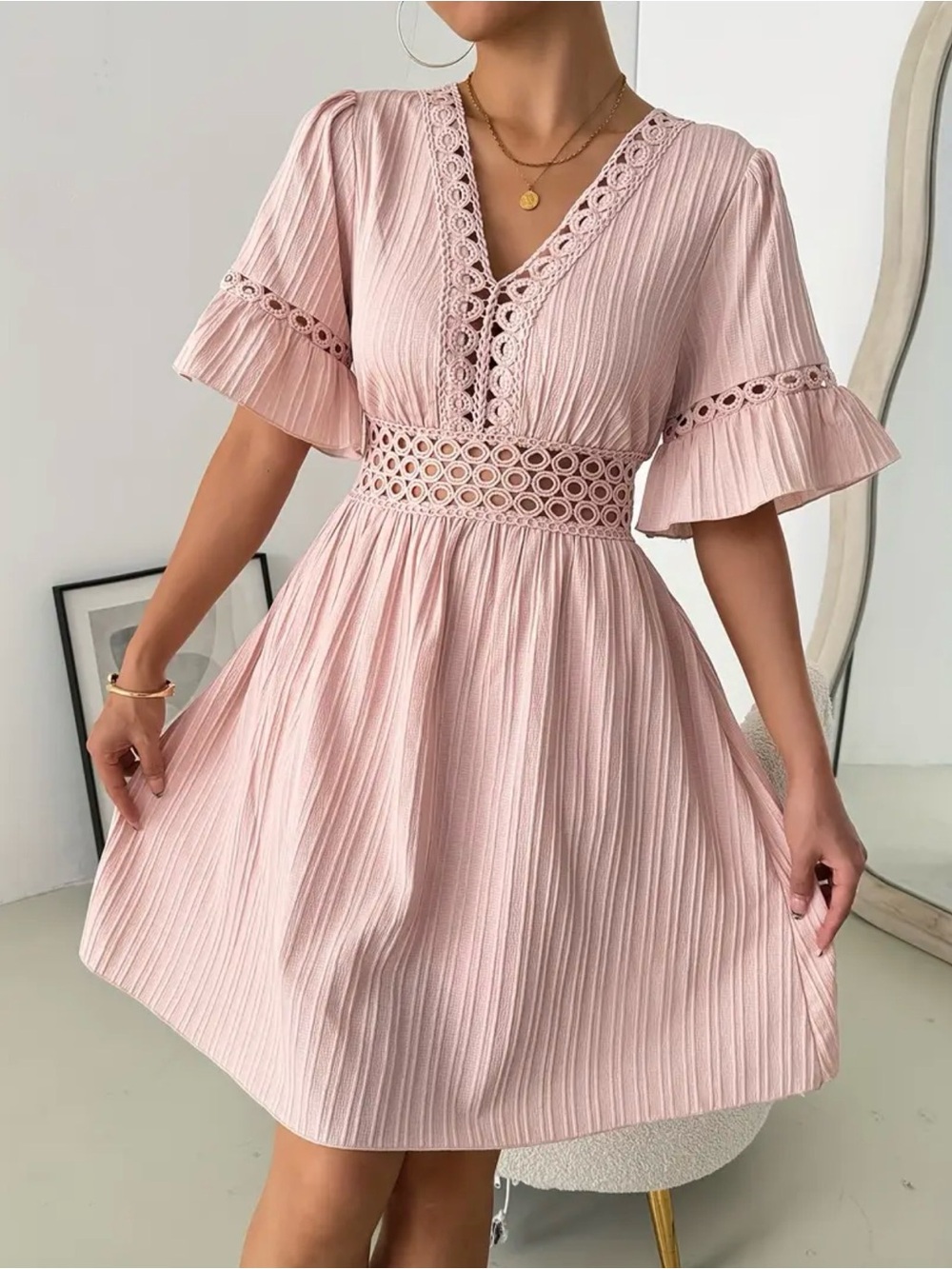 Dress Elegant Blush Pink V-Neck Lace Trim Dress